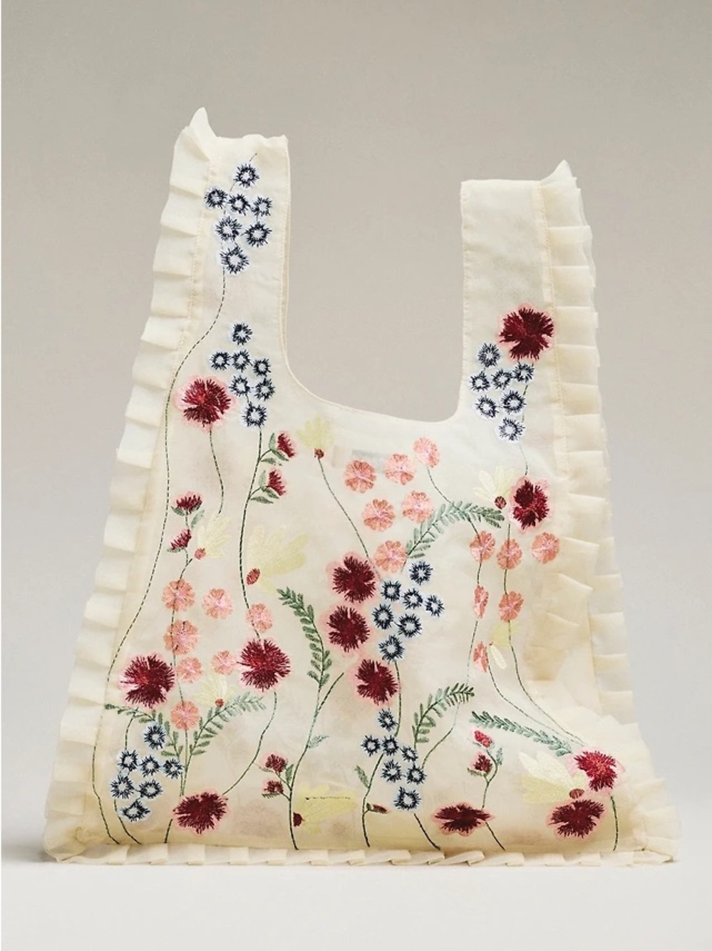 Maeve by Anthropologie - embroidered Floral Ruffle Bag — sheer cream